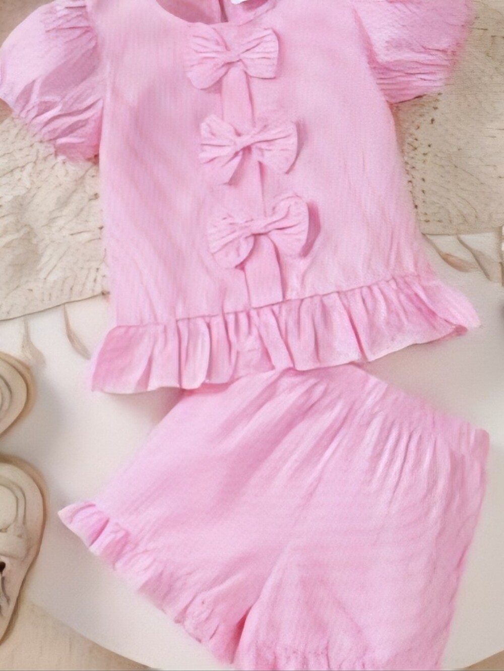 Girls Pink & White Striped Ruffle Bow Shirt & Shorts Two-Piece Set, Size 2-3Y